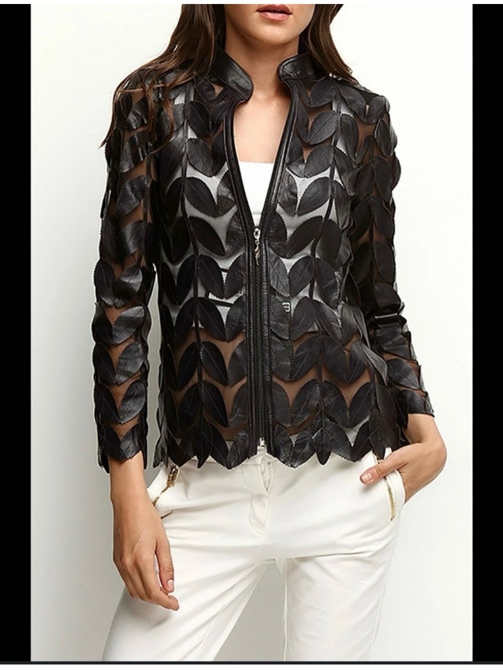 Belgin Francis Black Leather Leaf-Appliqué Mesh Zip Jacket